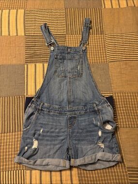 *Maternity* Indigo Blue Distressed Denim Short Overalls - Blue